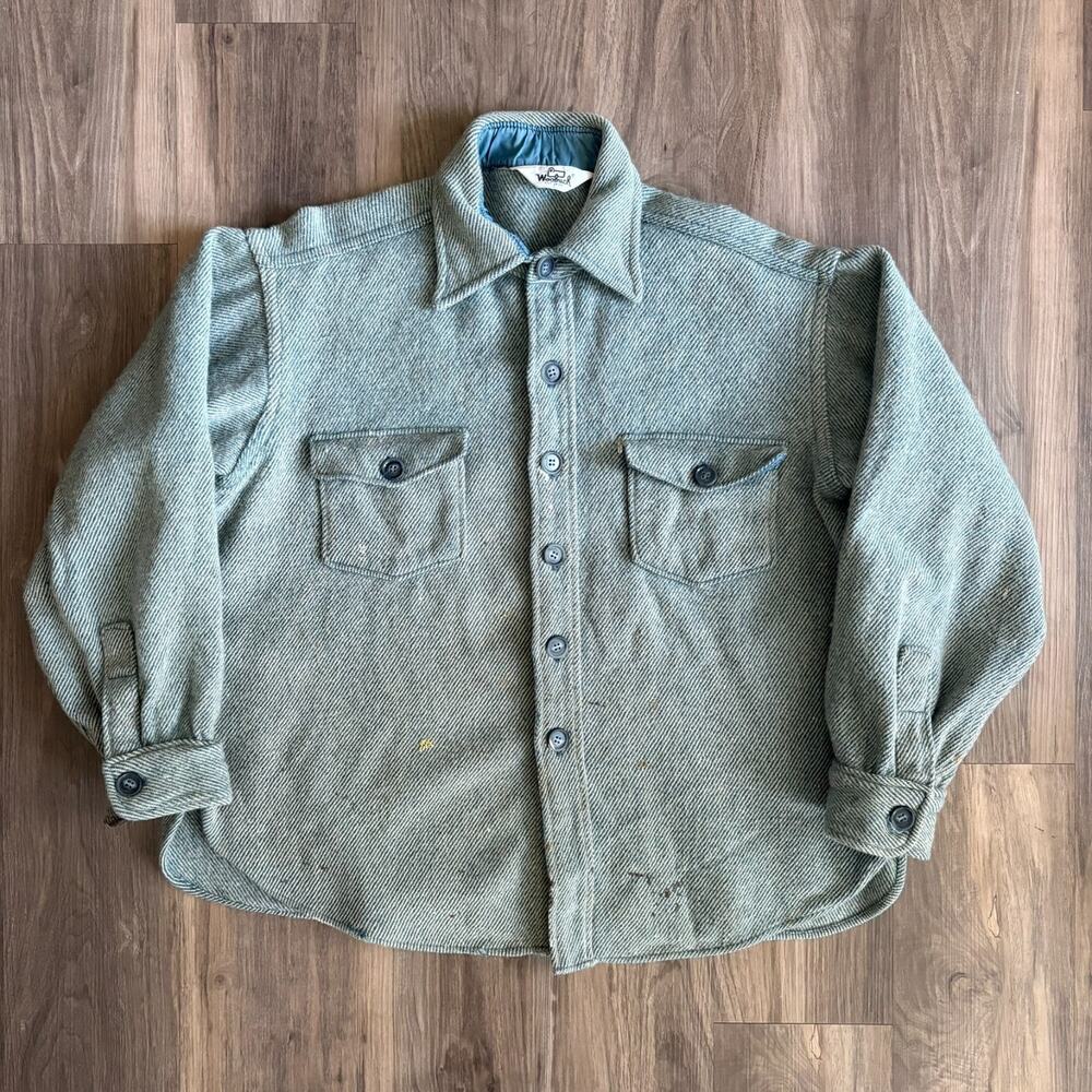 Vintage Woolrich Shirt Jacket Men's Size L Herringbone Wool Shacket Blue PAINTER